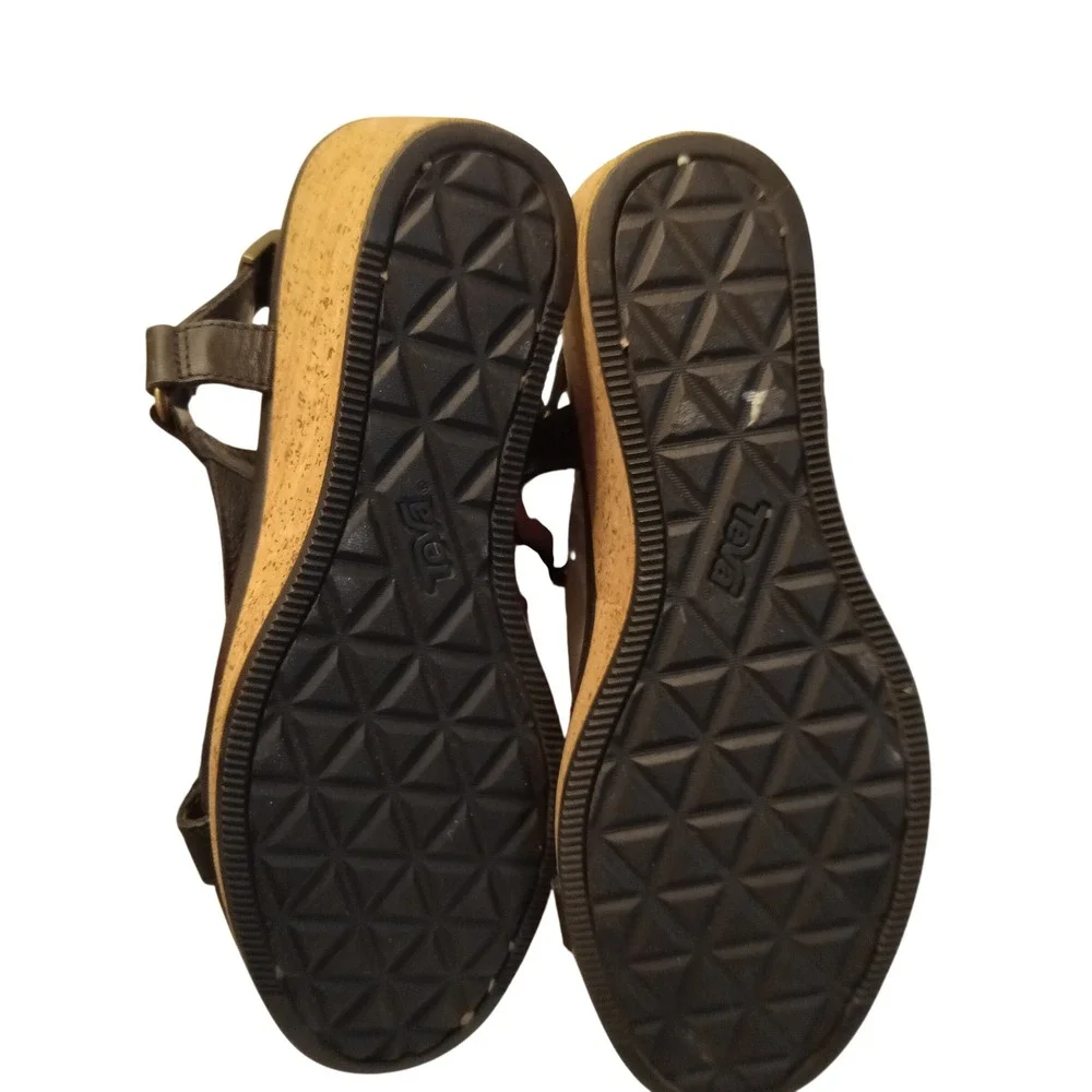 Teva Ysidro Universal Black Leather Cork Wedge Sandals Womens 8 Great Condition